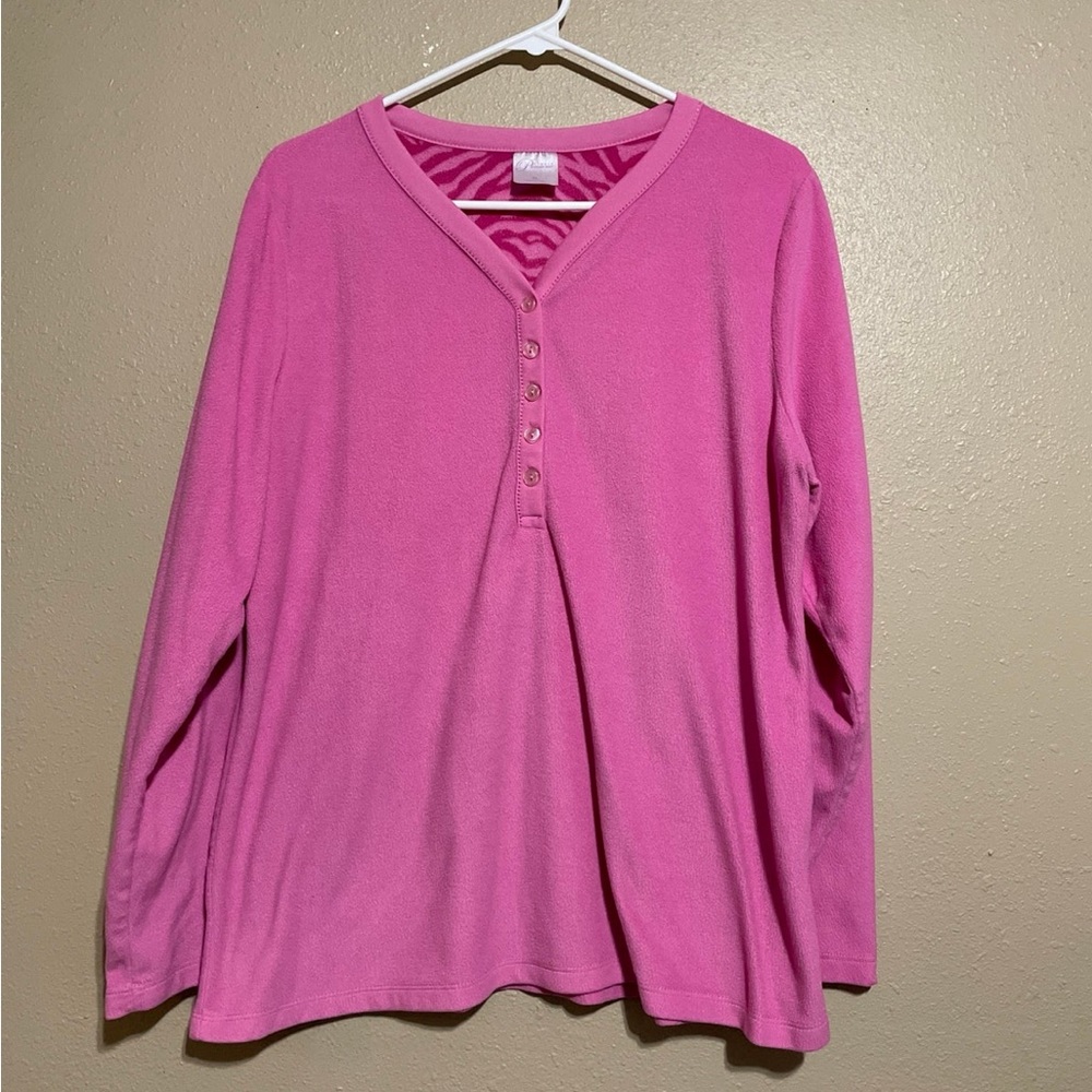 Pink Soft Fleece Henley V Neck Pullover Sweatshirt Women’s XL